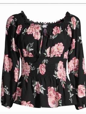 Black Floral Smocked Peasant Top - Brand